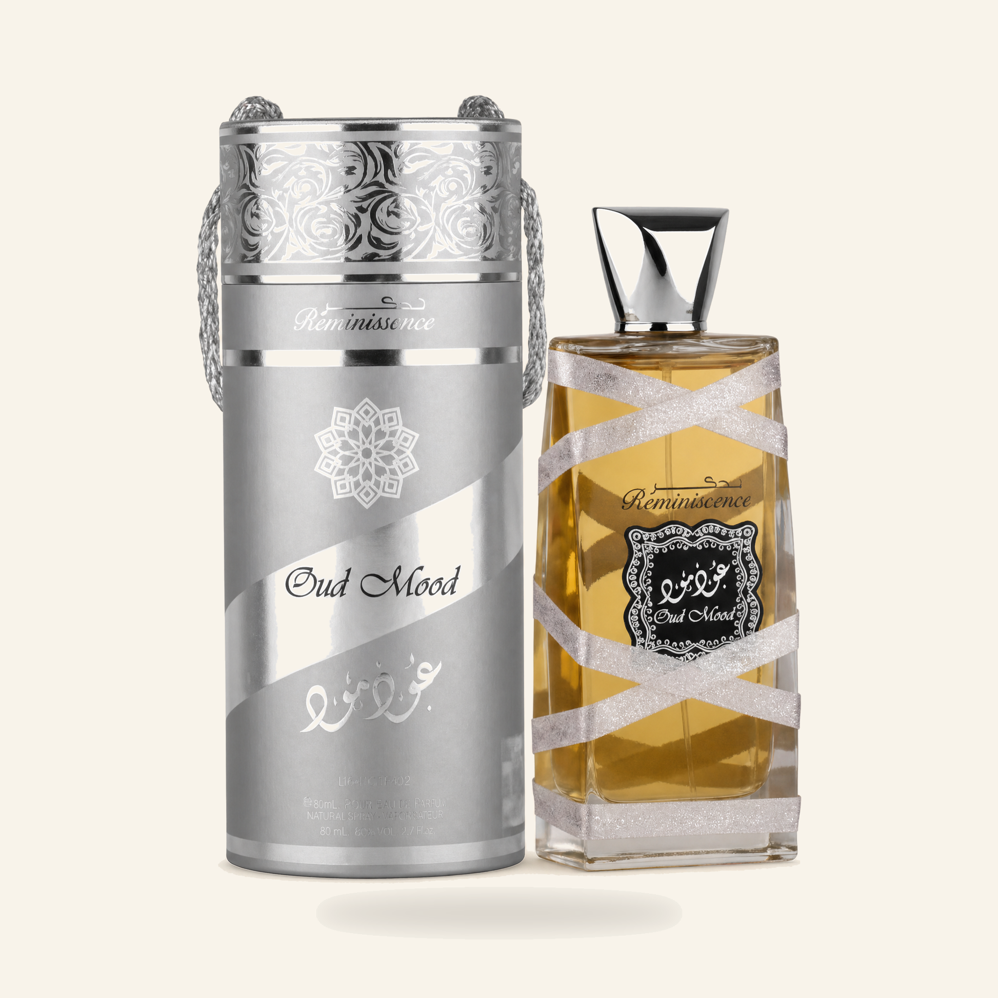 عود مودOud Mood Reminiscence – Eau de Parfum (100 ml) - Produktfoto auf beigem Hintergrund