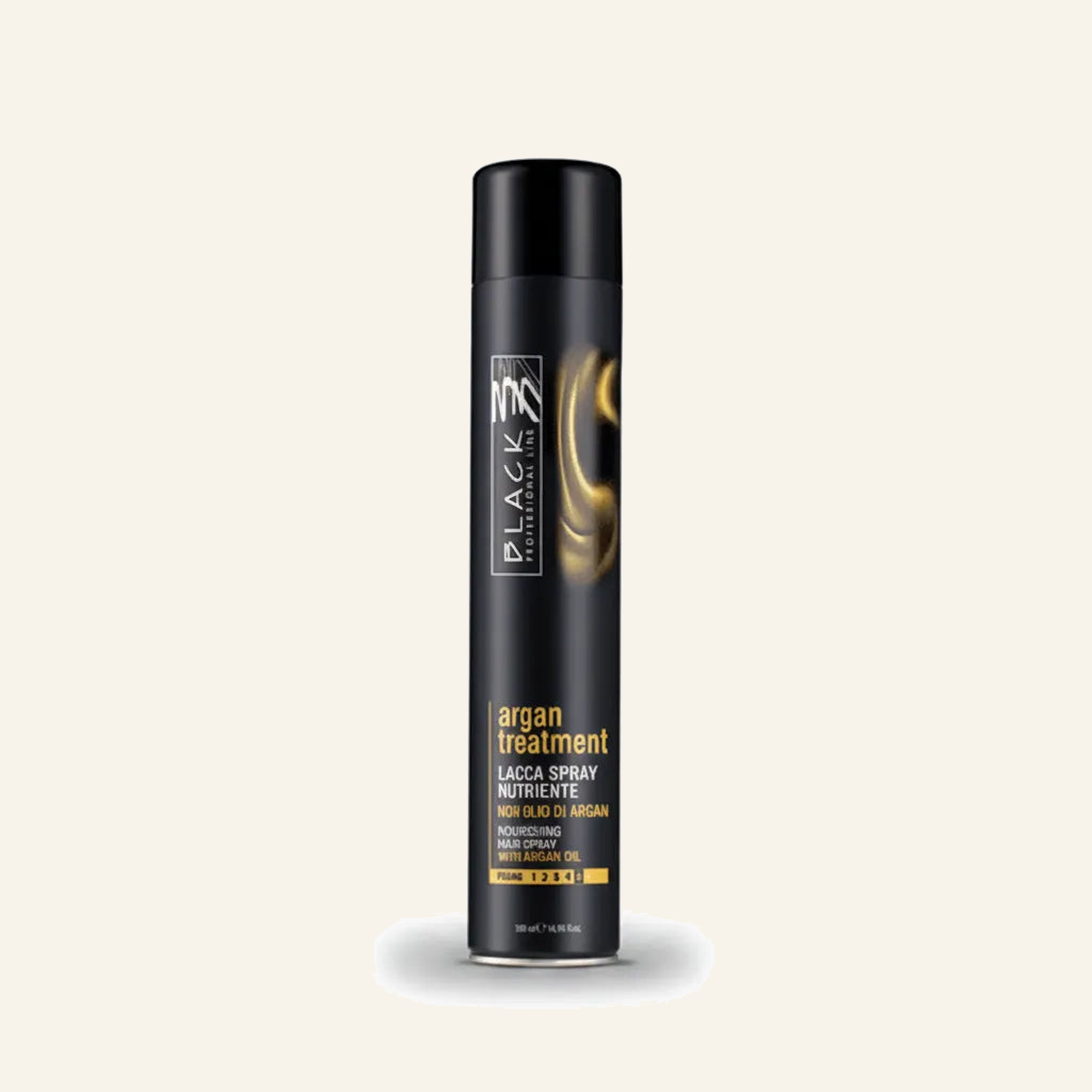 Pflegendes Haarspray & Arganöl Glanz Volumen Starker Halt - Produktfoto auf beigem Hintergrund