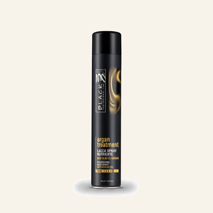 Pflegendes Haarspray & Arganöl Glanz Volumen Starker Halt - Produktfoto auf beigem Hintergrund