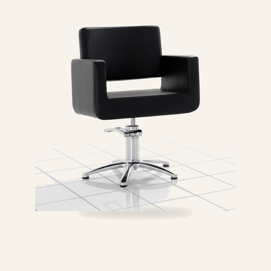 HAIR KING Friseurstuhl Eco-Leder & Chrombasis - Produktfoto auf beigem Hintergrund