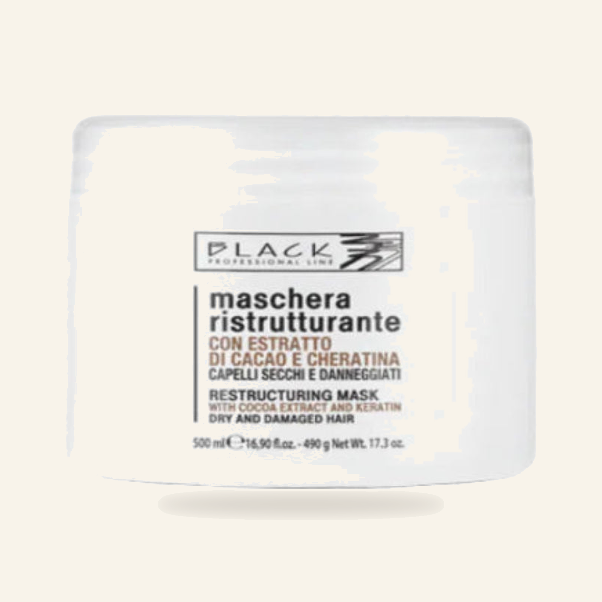 Restrukturierende Maske Kakao & Keratin Haarrepair 500ml - Produktfoto auf beigem Hintergrund