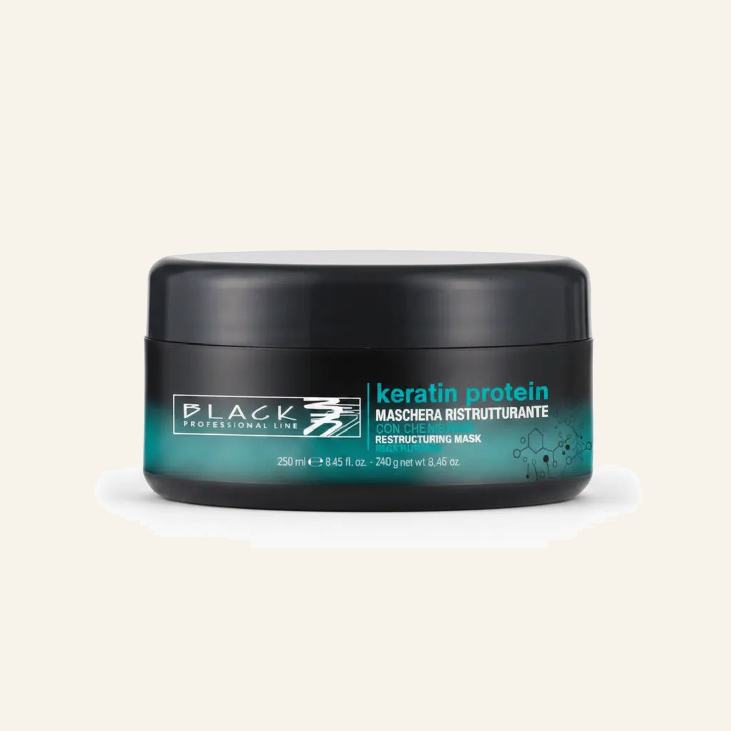 Restrukturierende Maske Keratin & Haarbruch Reparatur Black Professional Line 250ml - Produktfoto auf beigem Hintergrund