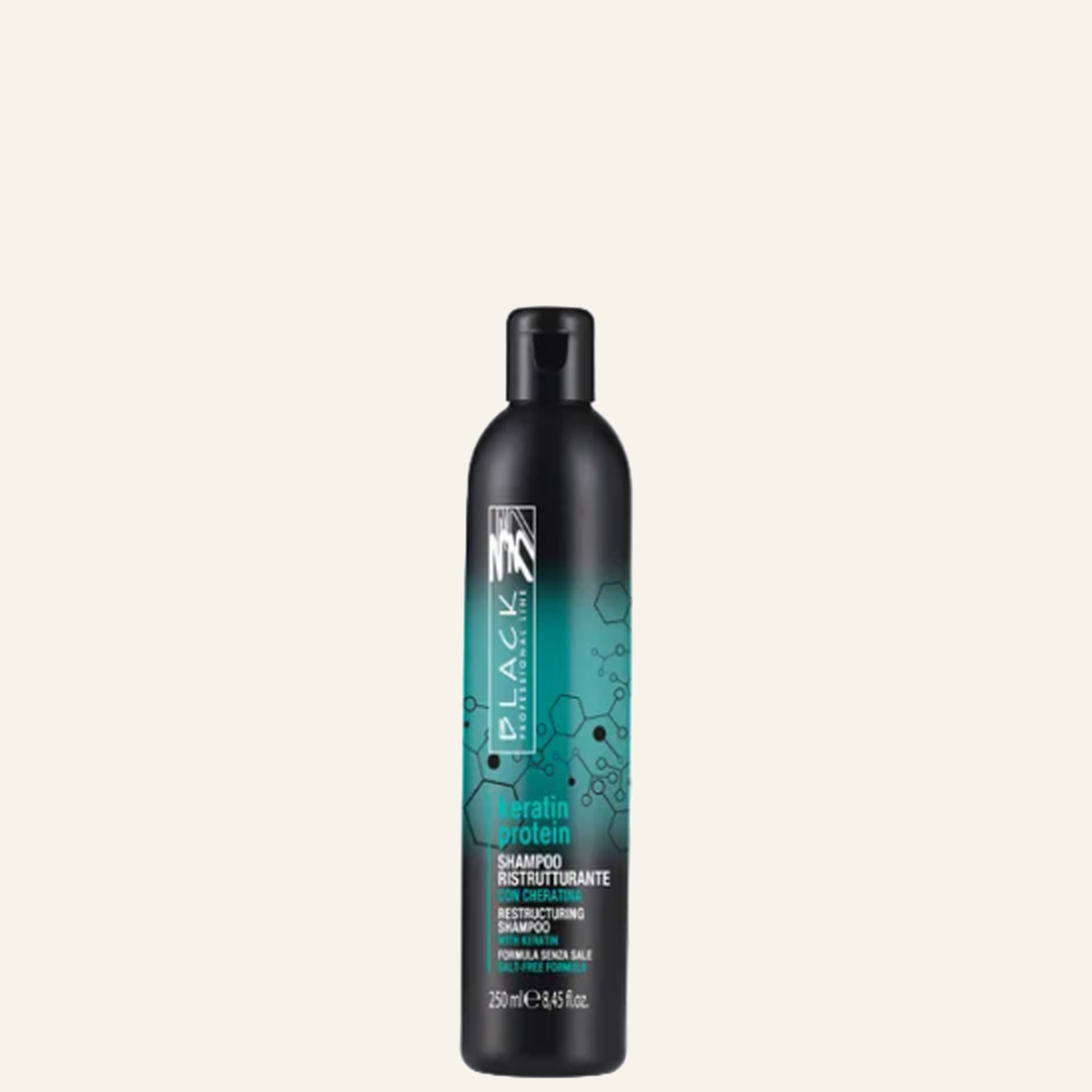 Restrukturierendes Shampoo für trockenes und strapaziertes Haar – Keratin-Protein - Produktfoto auf beigem Hintergrund