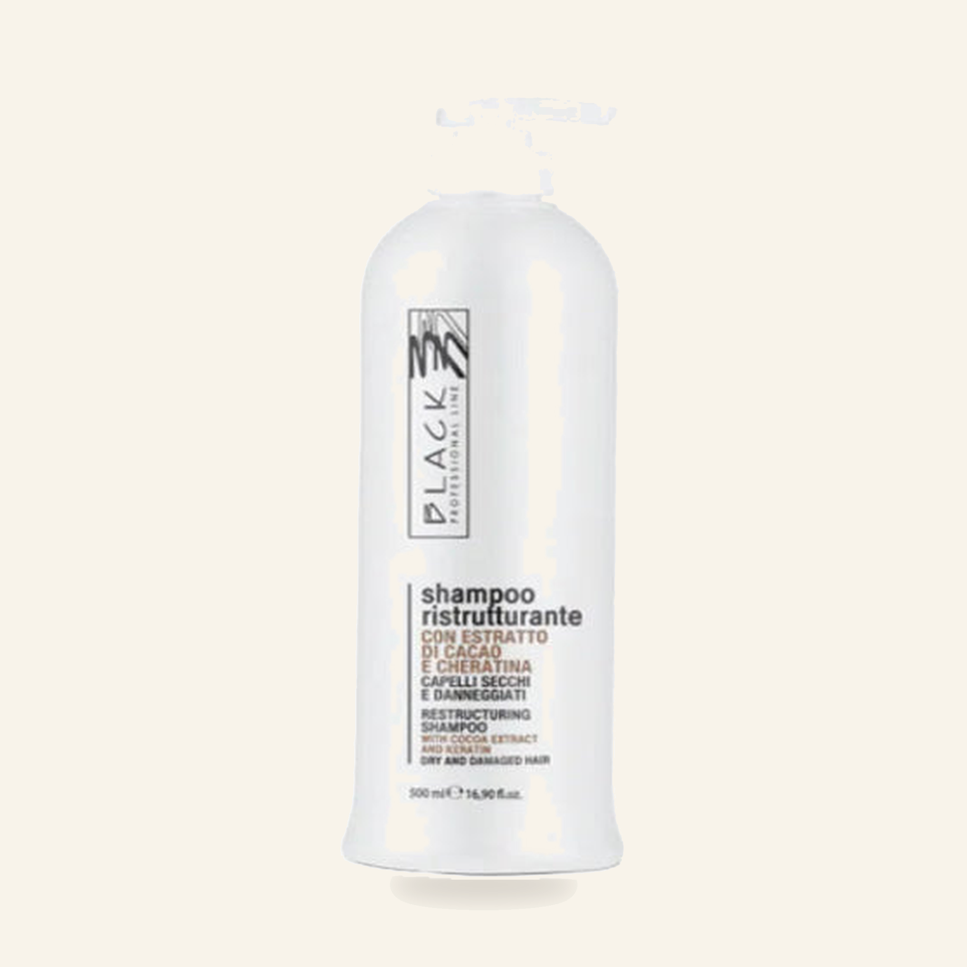 Restrukturierendes Shampoo für trockenes 
und strapaziertes Haar - Produktfoto auf beigem Hintergrund