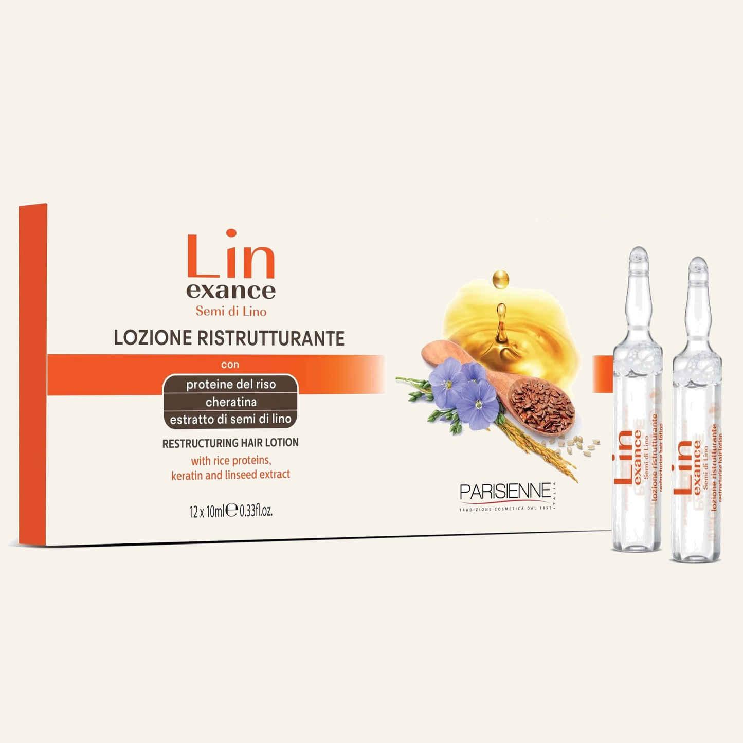 Restrukturierungs-Vials Reisprotein Keratin Haarbruch - Produktfoto auf beigem Hintergrund