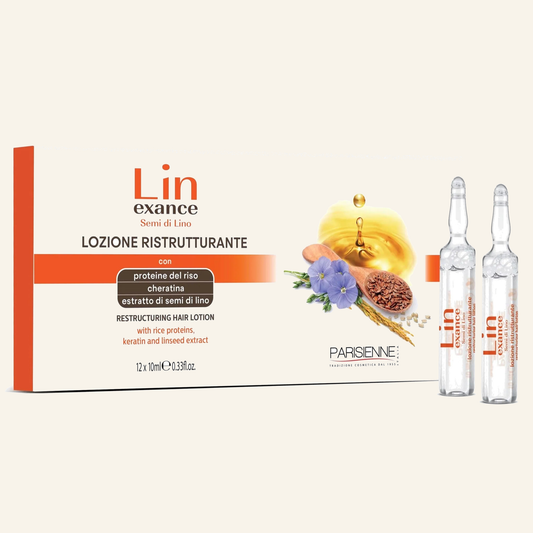 Restrukturierungs-Vials Reisprotein Keratin Haarbruch - Produktfoto auf beigem Hintergrund