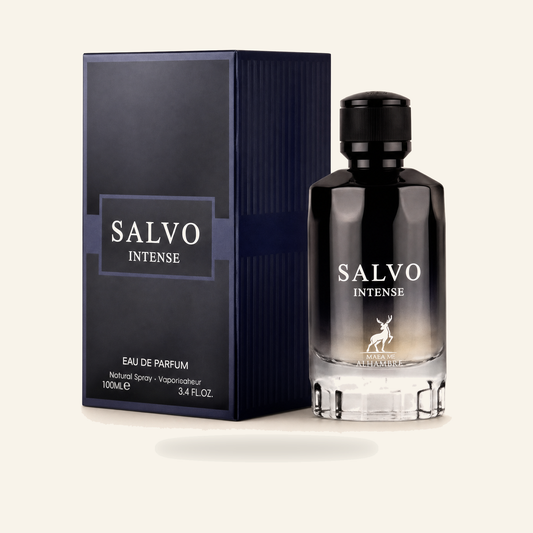 SALVO INTENSE – Eau de Parfum Spray Unisex (100 ml) - Produktfoto auf beigem Hintergrund