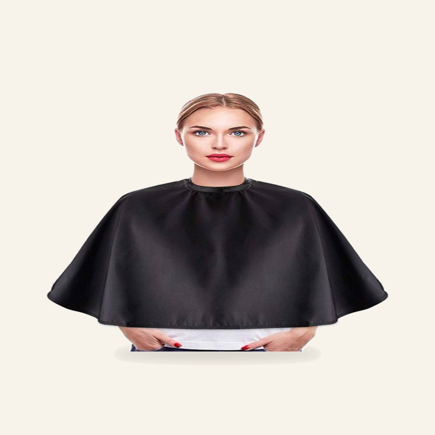 Das praktische Tuch für Salon Friseur Umhang , Friseursalon oder Zuhause. - Produktfoto auf beigem Hintergrund