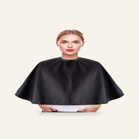 Das praktische Tuch für Salon Friseur Umhang , Friseursalon oder Zuhause. - Produktfoto auf beigem Hintergrund