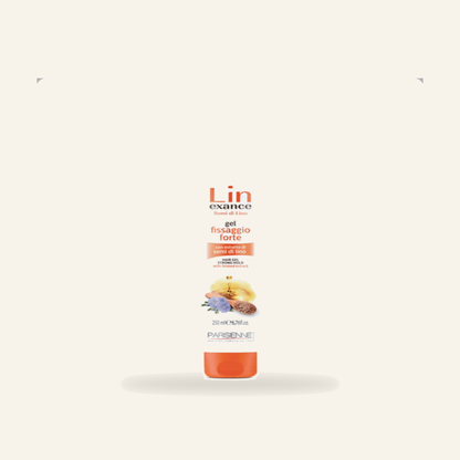 STRONG HOLD STYLING GEL MIT LEINSAMEN ÖL - Produktfoto auf beigem Hintergrund