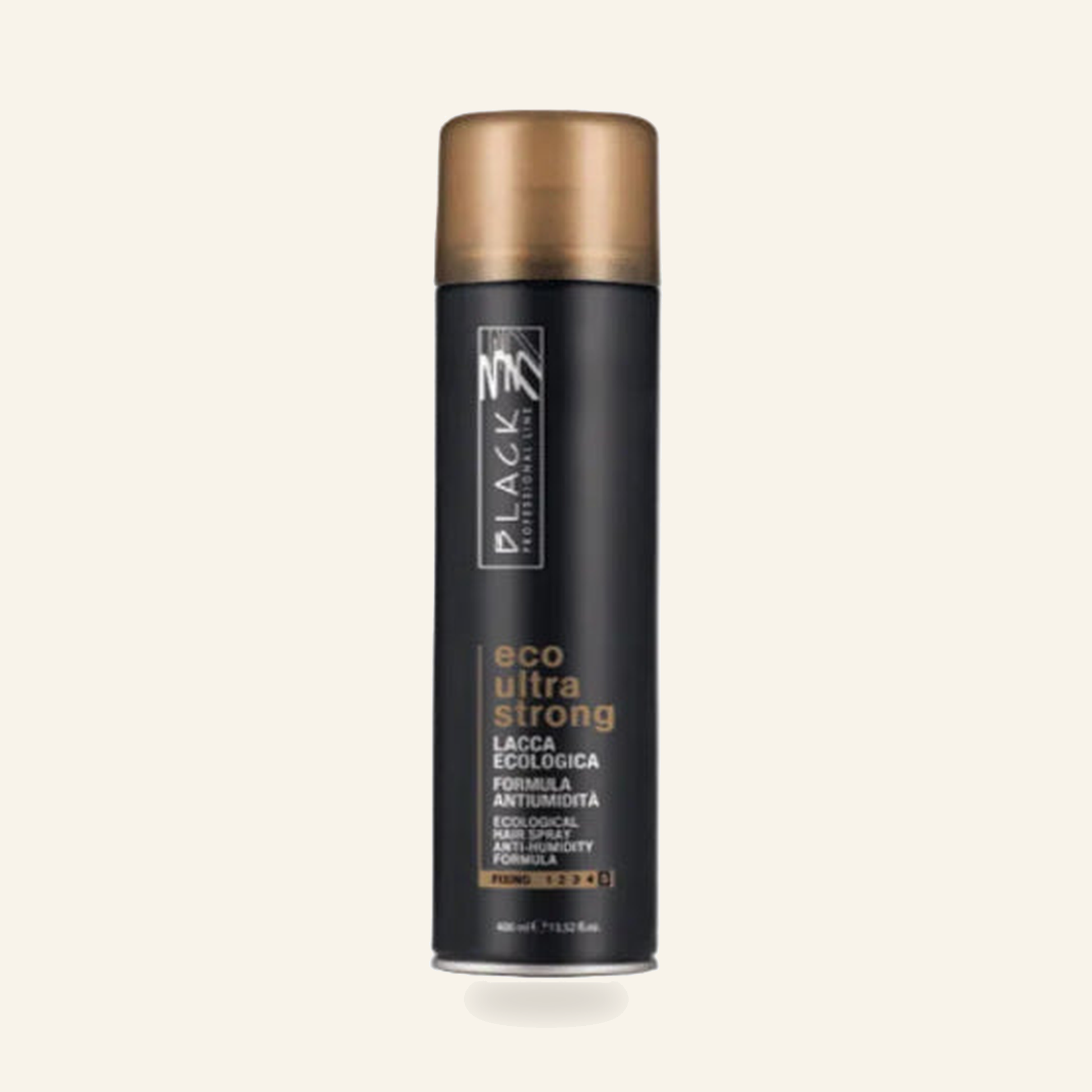 Ultrastark – Umweltfreundliches Anti-Feuchtigkeits-Haarspray - Produktfoto auf beigem Hintergrund