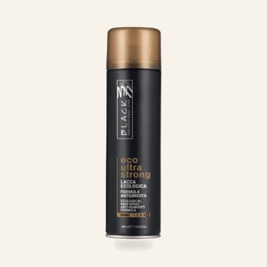 Ultrastark – Umweltfreundliches Anti-Feuchtigkeits-Haarspray - Produktfoto auf beigem Hintergrund