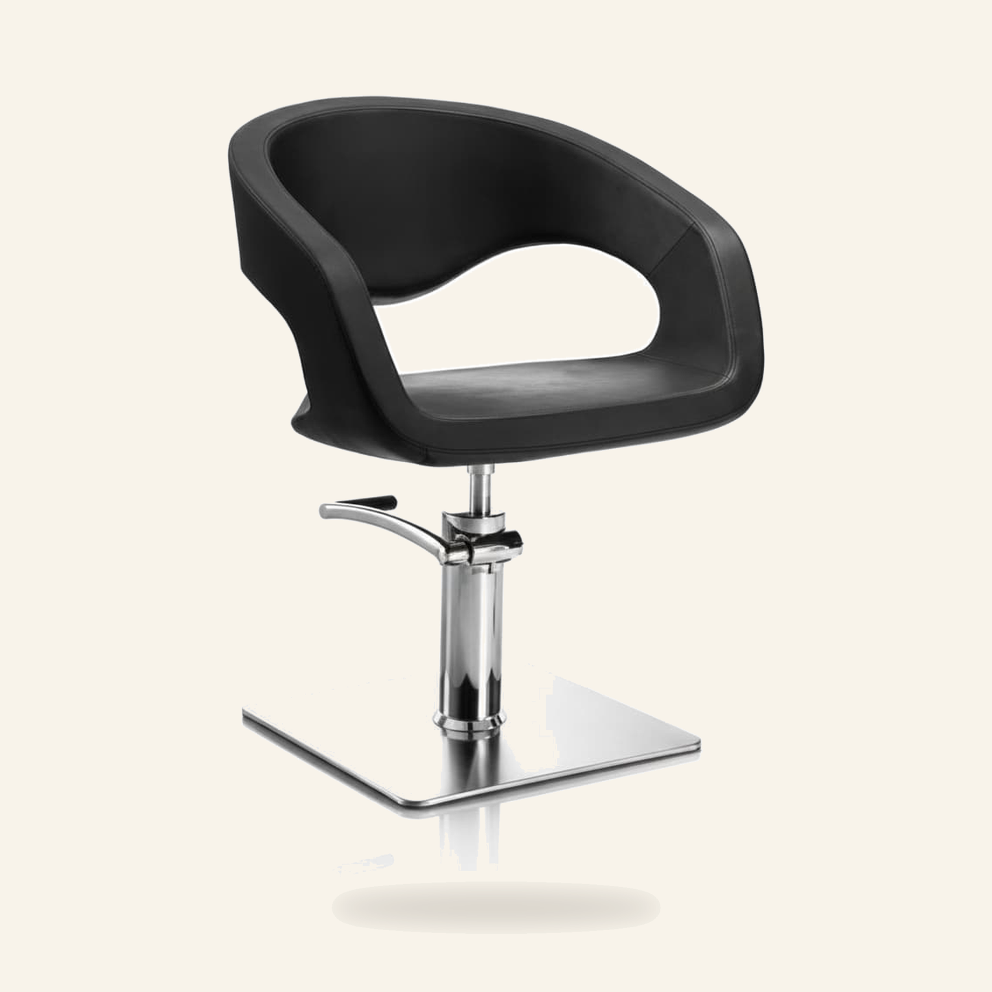 Friseurstuhl Eco-Leder & Chrom Rahmen | Salonbedarf & Möbel - Produktfoto auf beigem Hintergrund