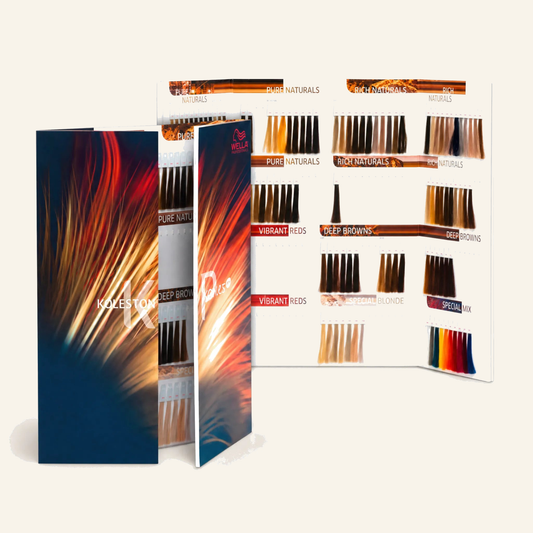 Wella Koleston Perfect Color Board mit Strähnen für Salon - Produktfoto auf beigem Hintergrund