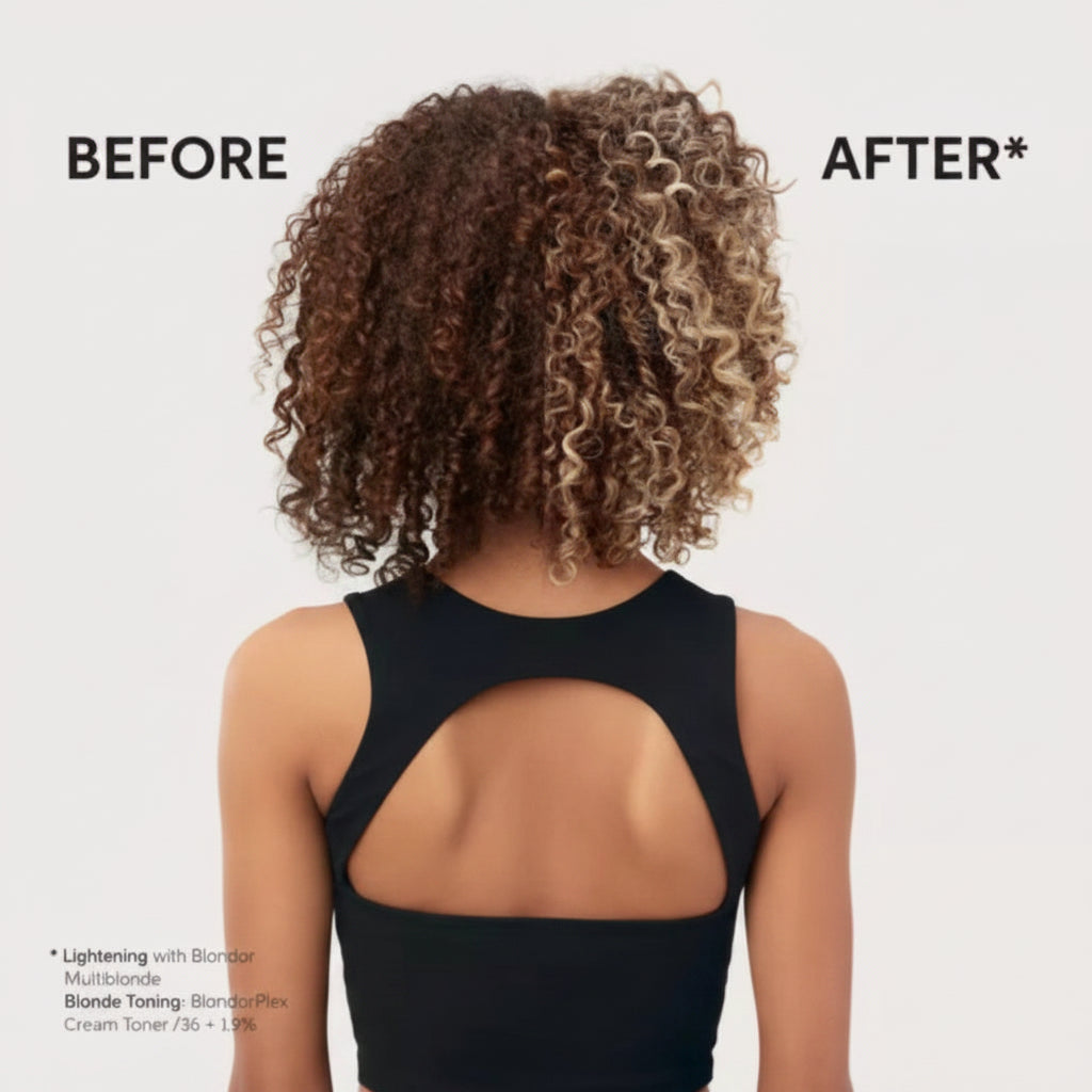 Vorher-Nachher: lockiges Haar mit Wella Blondor Multi Blonde aufgehellt